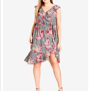 City Chic Rose Picnic Ruffled Wrap Dress